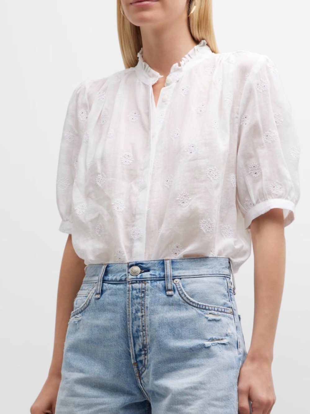 rag & bone White Eyelet Ruffle-Neck Blouse